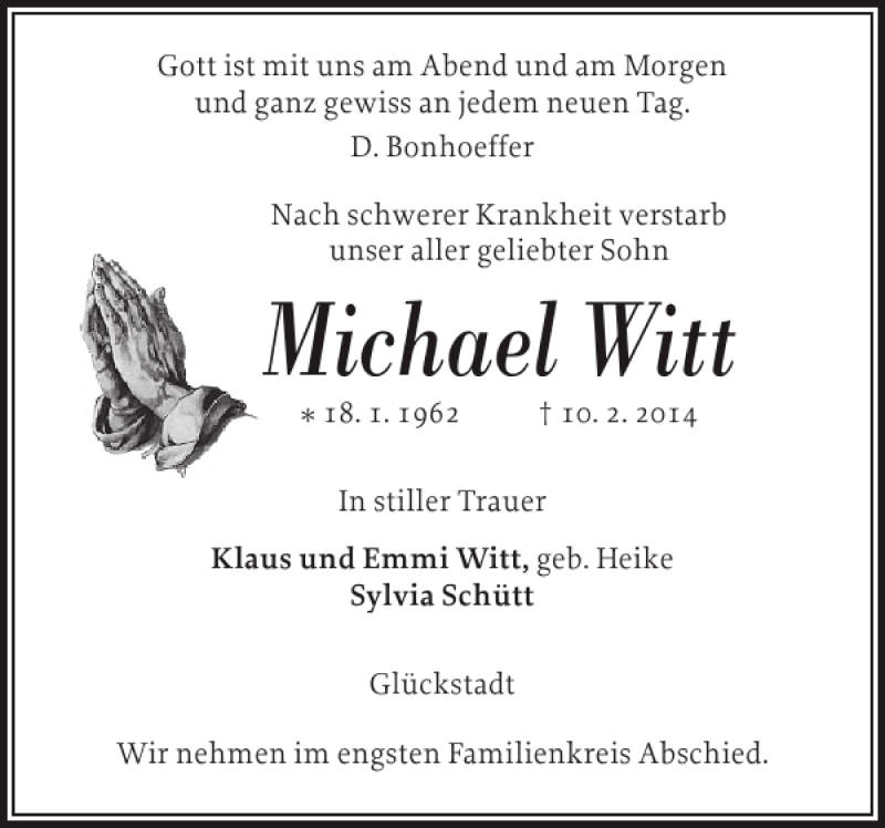  Traueranzeige für Michael Witt vom 15.02.2014 aus Norddeutsche Rundschau