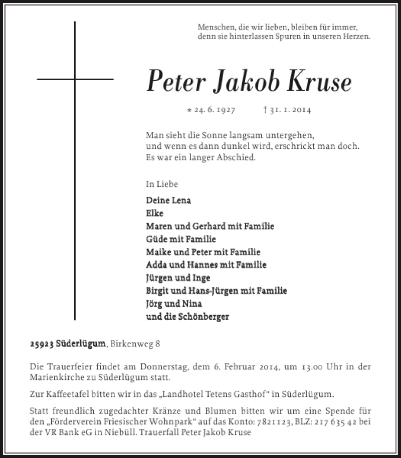  Traueranzeige für Peter Jakob Kruse vom 04.02.2014 aus Nordfriesland Tageblatt