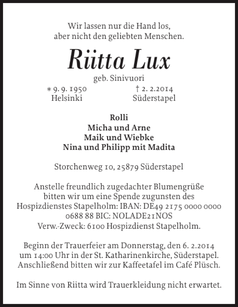  Traueranzeige für Riitta Lux vom 04.02.2014 aus Husumer Nachrichten