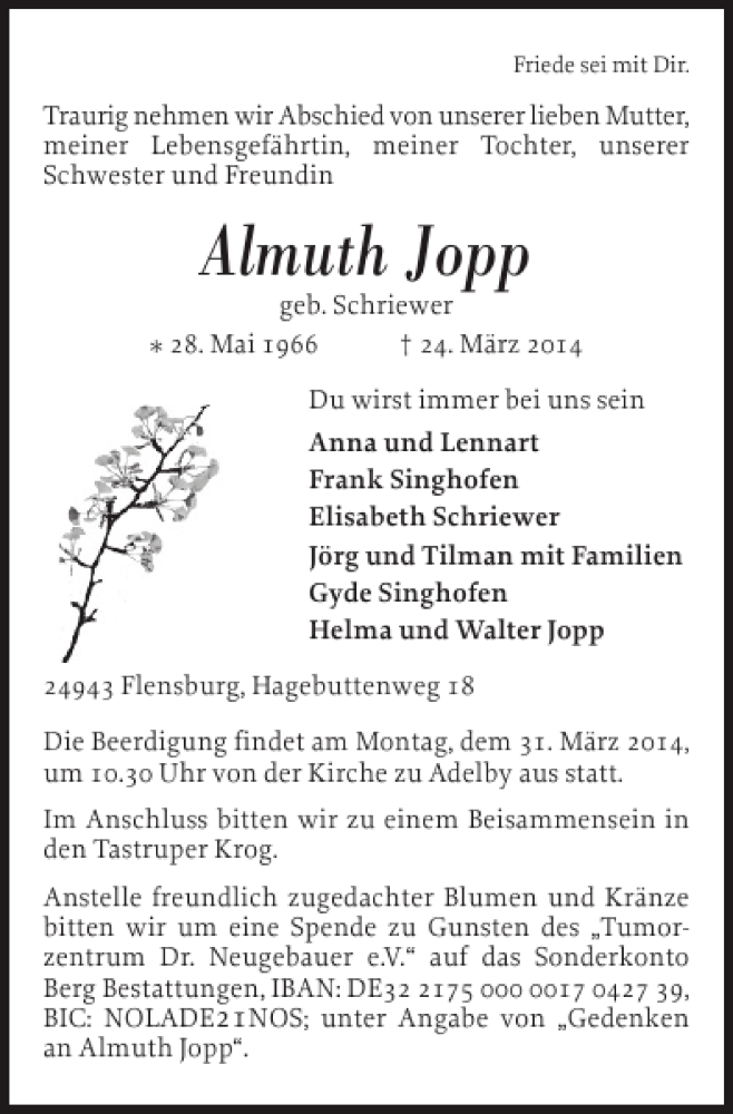  Traueranzeige für Almuth Jopp vom 27.03.2014 aus Flensburger Tageblatt