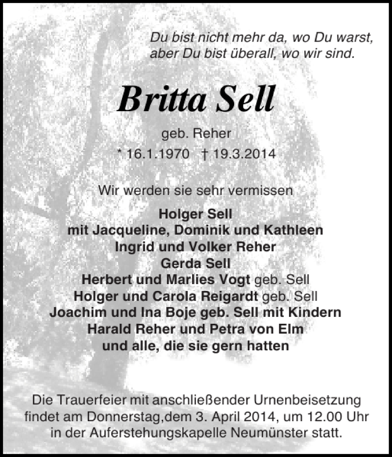  Traueranzeige für Britta Sell vom 29.03.2014 aus Holsteinischer Courier