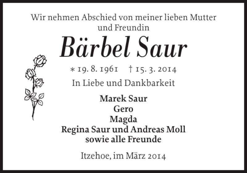  Traueranzeige für Bärbel Saur vom 22.03.2014 aus Norddeutsche Rundschau