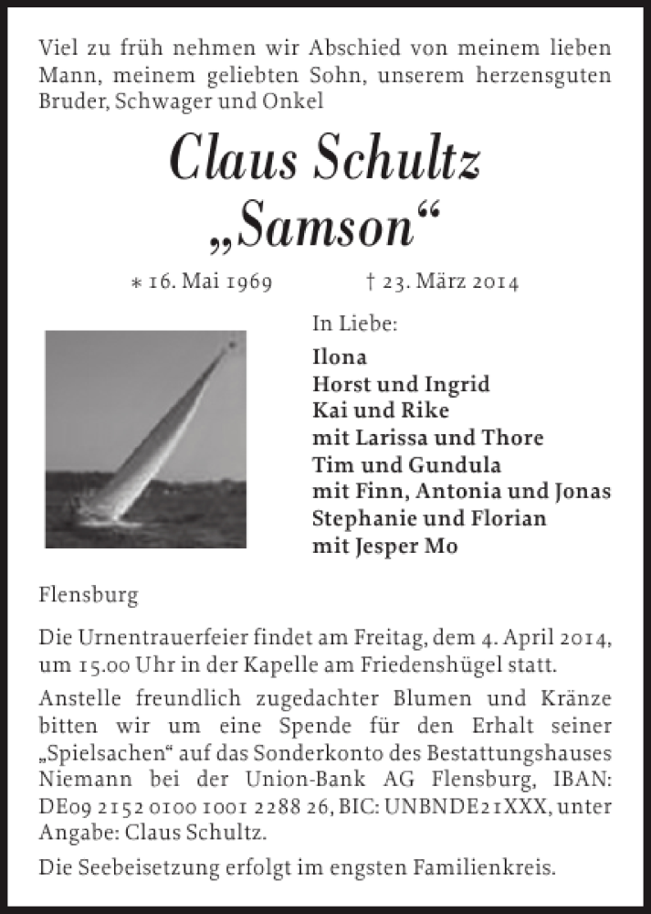  Traueranzeige für Claus Schultz Samson vom 29.03.2014 aus Flensburger Tageblatt