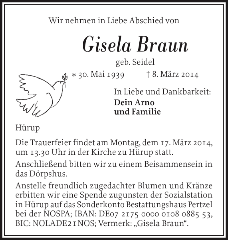  Traueranzeige für Gisela Braun vom 12.03.2014 aus Flensburger Tageblatt