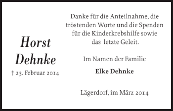 Traueranzeige von Horst Dehnke von Norddeutsche Rundschau
