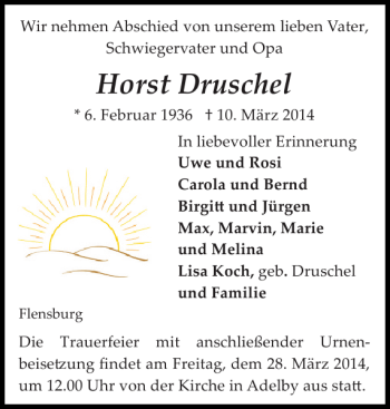 Traueranzeige von Horst Druschel von Flensburger Tageblatt
