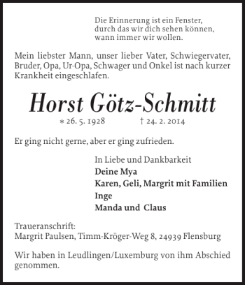Traueranzeige von Horst Götz-Schmitt von Nordfriesland Tageblatt