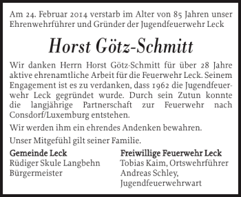 Traueranzeige von Horst Götz-Schmitt von Nordfriesland Tageblatt