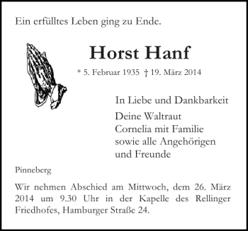 Traueranzeige von Horst Hanf von Pinneberger Tageblatt