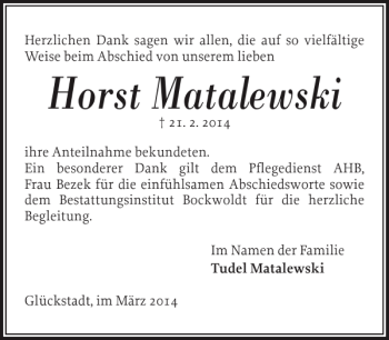 Traueranzeige von Horst Matalewski von Norddeutsche Rundschau