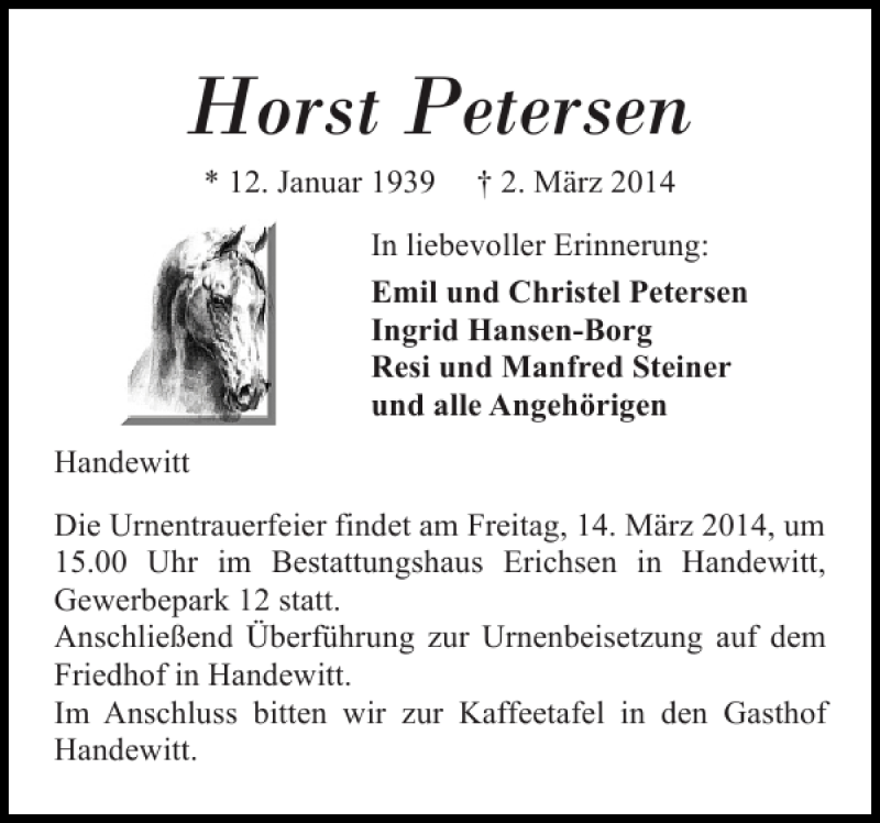  Traueranzeige für Horst Petersen vom 10.03.2014 aus Flensburger Tageblatt