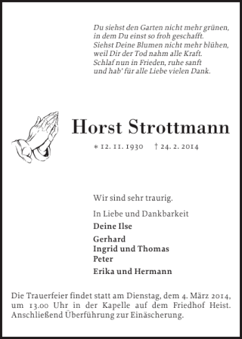 Traueranzeige von Horst Strottmann von Elmshorner Nachrichten