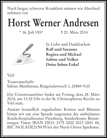 Traueranzeige von Horst Werner Andresen von Husumer Nachrichten
