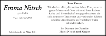 Traueranzeige von Im der Horst Nitsch und Kinder  von Husumer Nachrichten