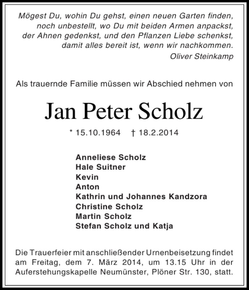  Traueranzeige für Jan Peter Scholz vom 01.03.2014 aus Holsteinischer Courier