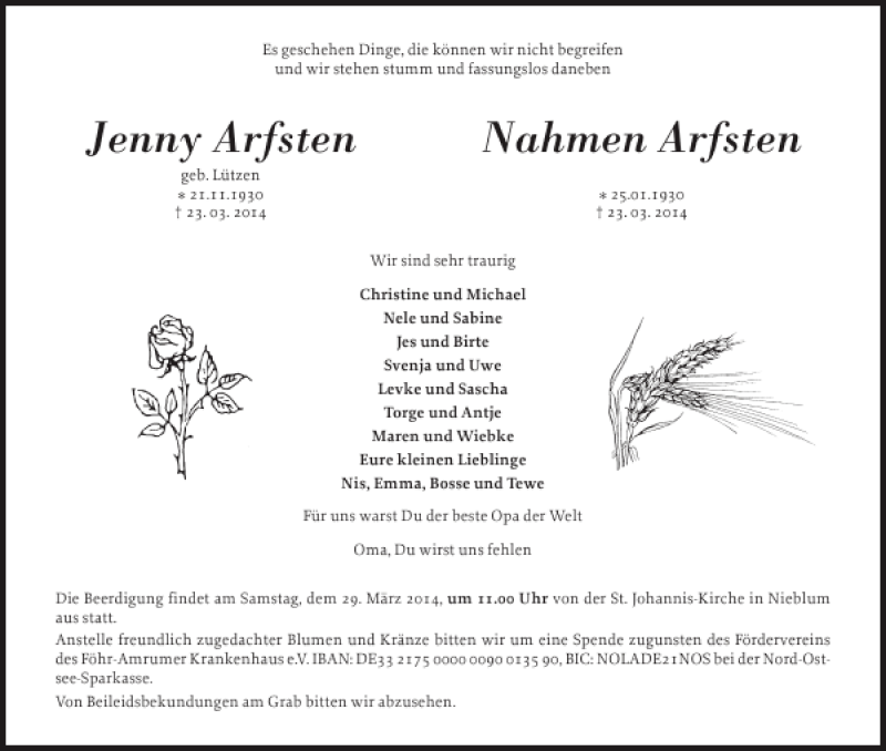 Traueranzeige für Jenny Arfsten Arfsten vom 27.03.2014 aus Der Insel-Bote
