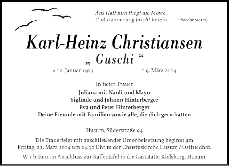  Traueranzeige für Karl-Heinz Christiansen vom 15.03.2014 aus Husumer Nachrichten