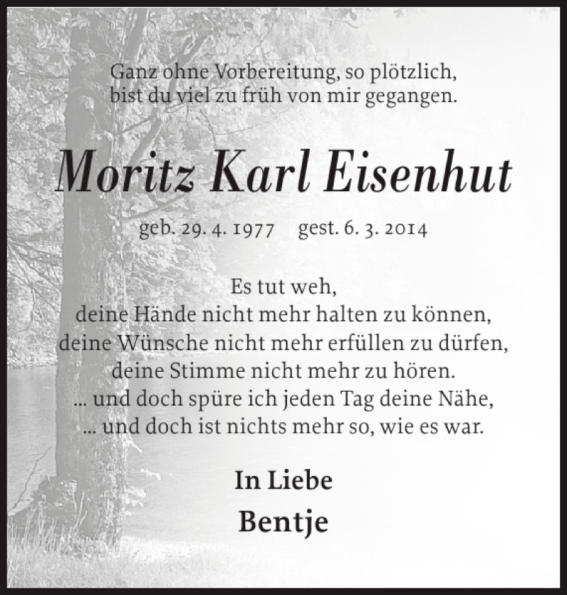  Traueranzeige für Moritz Karl Eisenhut vom 15.03.2014 aus Norddeutsche Rundschau