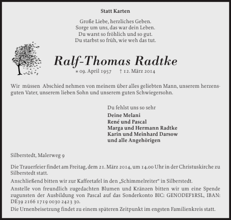 Traueranzeige für Ralf-Thomas Radtke vom 18.03.2014 aus Flensburger Tageblatt