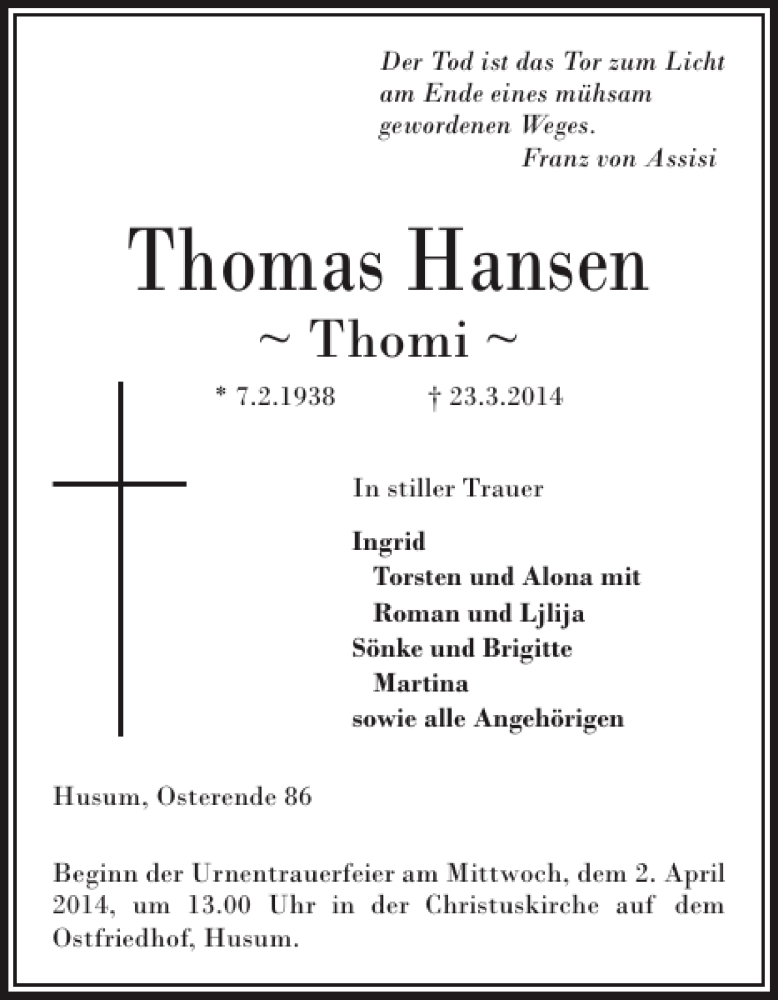  Traueranzeige für Thomas Hansen vom 26.03.2014 aus Husumer Nachrichten