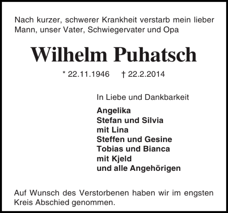  Traueranzeige für Wilhelm Puhatsch vom 01.03.2014 aus Holsteinischer Courier