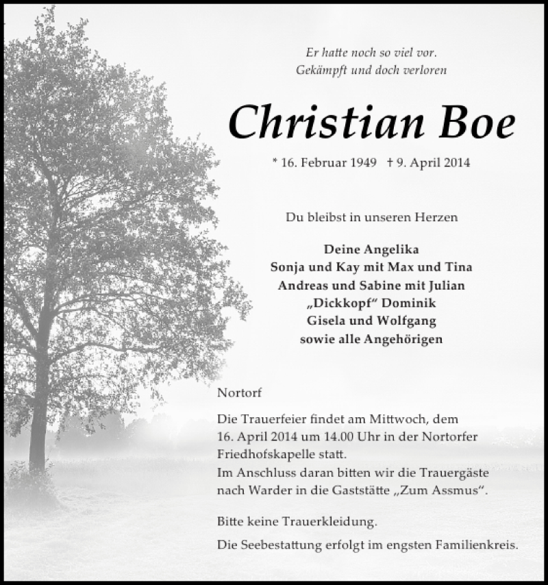  Traueranzeige für Christian Boe vom 11.04.2014 aus Landeszeitung