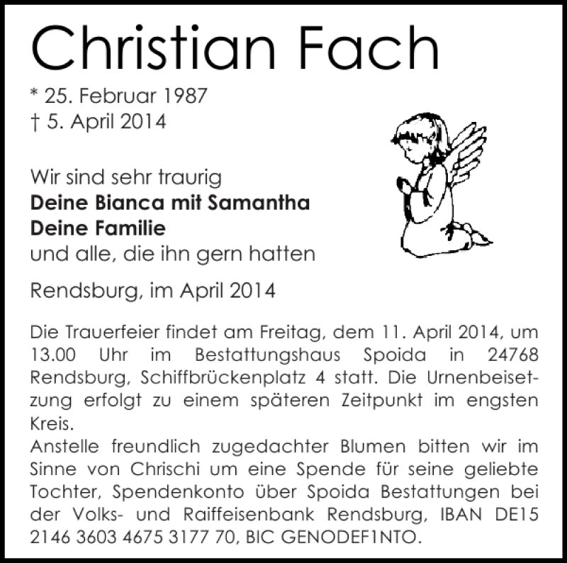  Traueranzeige für Christian Fach vom 08.04.2014 aus Landeszeitung
