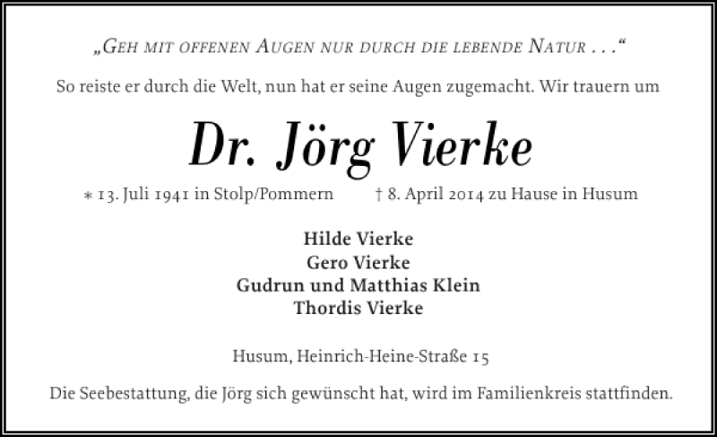  Traueranzeige für Dr. Jörg Vierke vom 12.04.2014 aus Husumer Nachrichten
