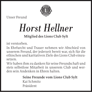 Traueranzeige von Horst Hellner von Sylter Rundschau