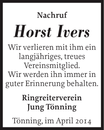 Traueranzeige von Horst Ivers von Husumer Nachrichten