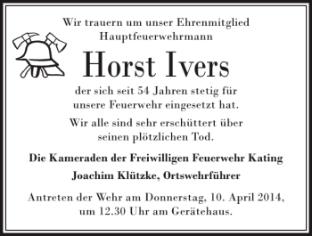Traueranzeige von Horst Ivers von Husumer Nachrichten