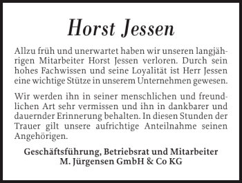 Traueranzeige von Horst Jessen von Flensburger Tageblatt