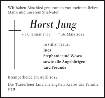 Traueranzeige von Horst Jung von Norddeutsche Rundschau