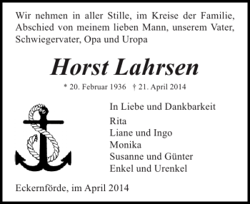 Traueranzeige von Horst Lahrsen von Eckernförder Zeitung