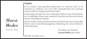 Traueranzeige von Horst Meder von Eckernförder Zeitung