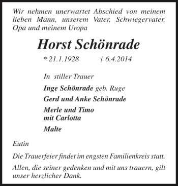 Traueranzeige von Horst Schönrade von Ostholsteiner Anzeiger