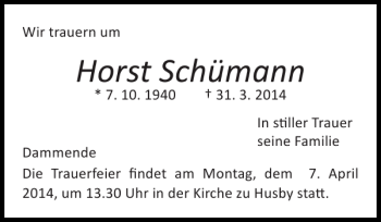 Traueranzeige von Horst Schümann von Flensburger Tageblatt