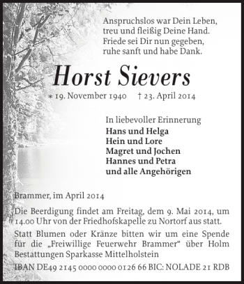 Traueranzeige von Horst Sievers von Landeszeitung