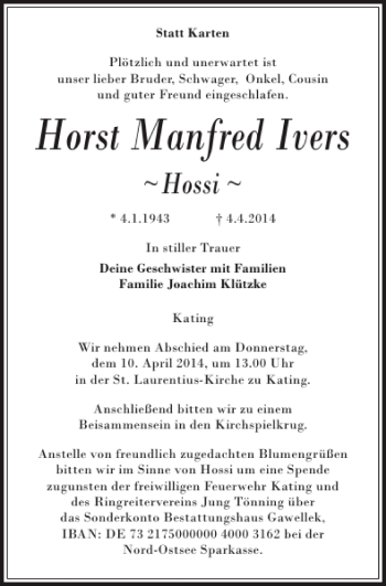 Traueranzeige von Horst Manfred Ivers von Husumer Nachrichten