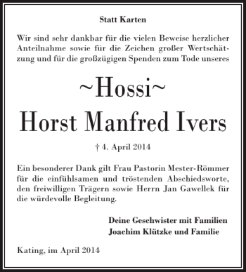 Traueranzeige von Hossi Horst Manfred Ivers von Husumer Nachrichten