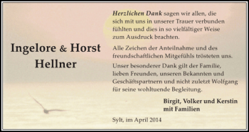 Traueranzeige von Ingelore Horst Hellner von Sylter Rundschau