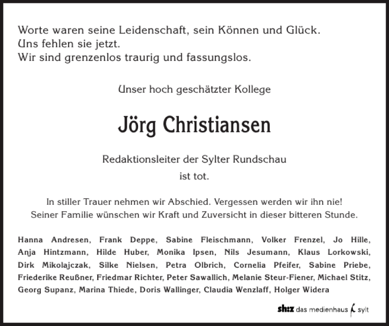  Traueranzeige für Jörg Christiansen vom 23.04.2014 aus Sylter Rundschau