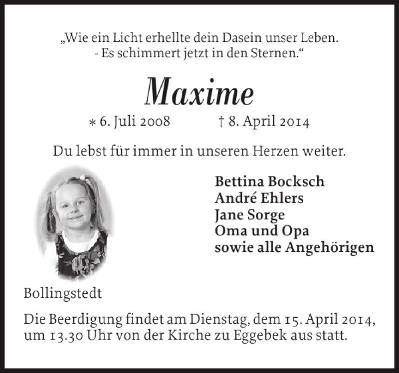  Traueranzeige für Maxime  vom 12.04.2014 aus Flensburger Tageblatt