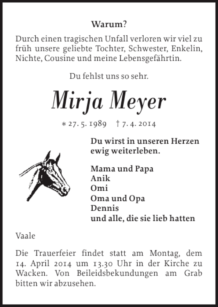  Traueranzeige für Mirja Meyer vom 11.04.2014 aus Norddeutsche Rundschau