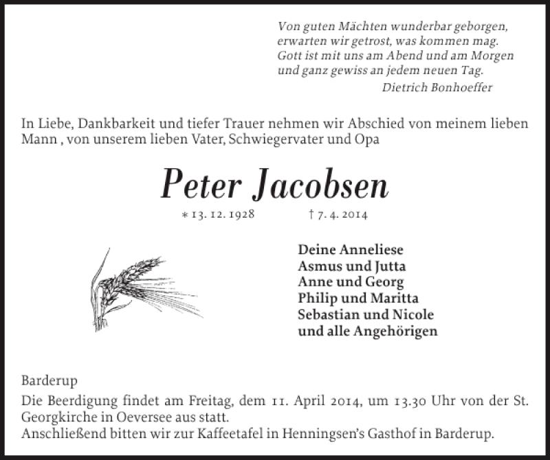  Traueranzeige für Peter Jacobsen vom 09.04.2014 aus Flensburger Tageblatt