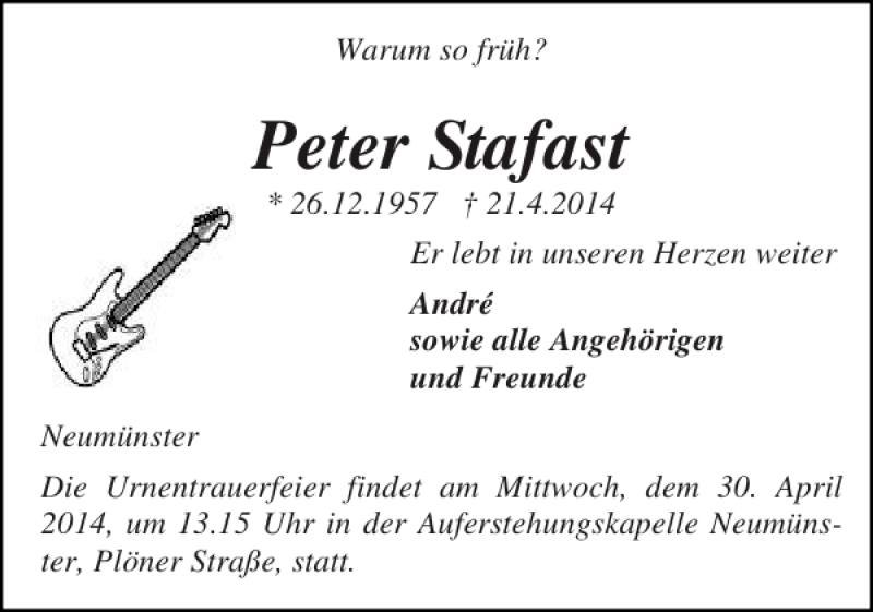  Traueranzeige für Peter Stafast vom 26.04.2014 aus Holsteinischer Courier
