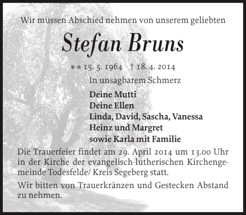  Traueranzeige für Stefan Bruns vom 26.04.2014 aus Norddeutsche Rundschau