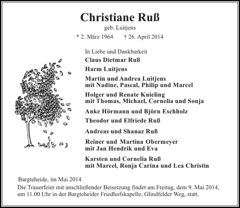  Traueranzeige für   vom 03.05.2014 aus Stormarner Tageblatt