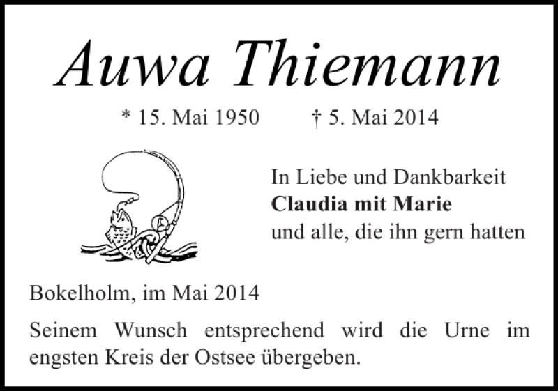 Traueranzeige für Auwa Thiemann vom 10.05.2014 aus Landeszeitung