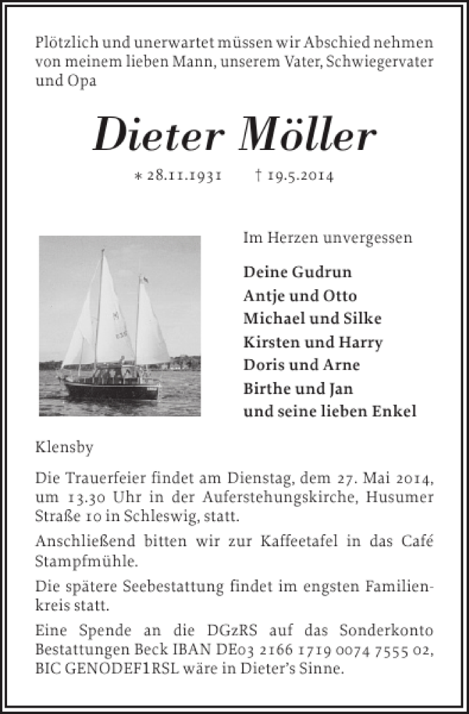  Traueranzeige für Dieter Möller vom 23.05.2014 aus Schleswiger Nachrichten